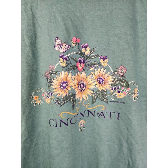 Vintage Cincinnati Shirt Floral Flower Graphic Green Jerzees Tee 90s VTG Large - Picture 2 of 6